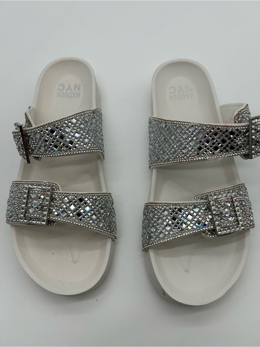 Madden NYC Crystal-Embellished White Slide Sandals. Size 10